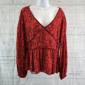 Knox Rose Womens Top Sz XL Red Floral Long Sleeve V-Neck Rayon
